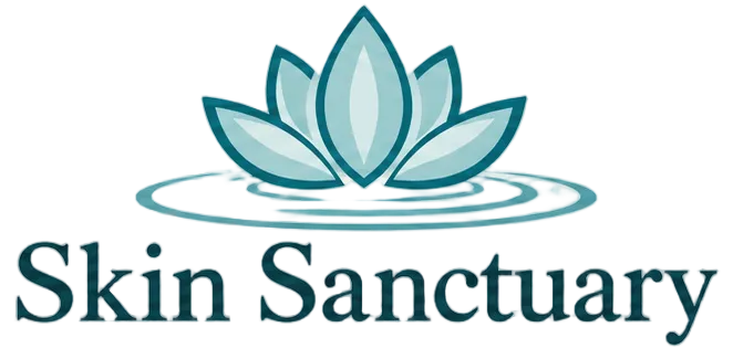 Skin Sanctuary logo featuring a teal lotus flower and ripples above the brand name, centered on a light cream background with a faint leafy shadow on the left.