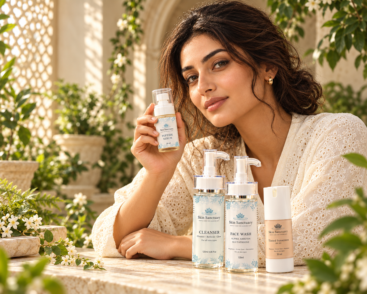 Woman holding Skin Sanctuary Peptide Serum beside her face, with cleanser, face wash, and tinted sunscreen on a stone counter in a sunlit courtyard surrounded by greenery.
